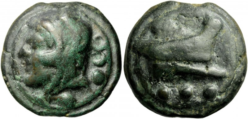 Quadrans circa 225-217, Æ 41 mm, 71.96 g. Head of Hercules l., wearing lion’s sk...