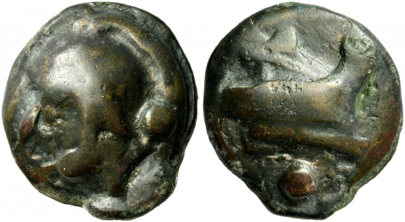Uncia circa 225-217, Æ 25 mm, 22.08 g. Helmeted head of Roma l; behind, pellet. ...