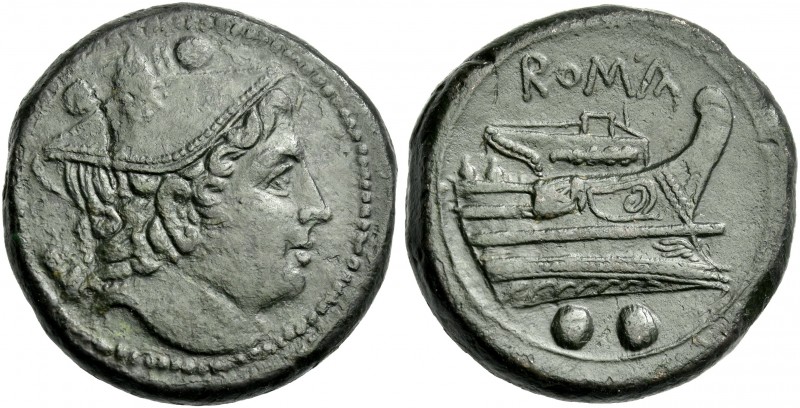 Sextans circa 217-215, Æ 32 mm, 28.39 g. Head of Mercury r.; above, two pellets....