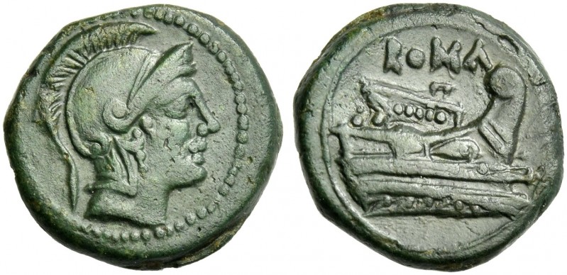 Quartuncia circa 217-215, Æ 16 mm, 3.10 g. Helmeted head of Roma r. Rev. ROMA Pr...