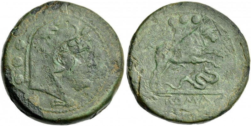 Quadrans circa 217-215, Æ 35 mm, 39.69 g. Head of Hercules r., wearing boar’s sk...