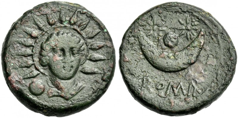 Uncia circa 217-215, Æ 25 mm, 11.69 g. Draped bust of Sol facing; in l. field, p...