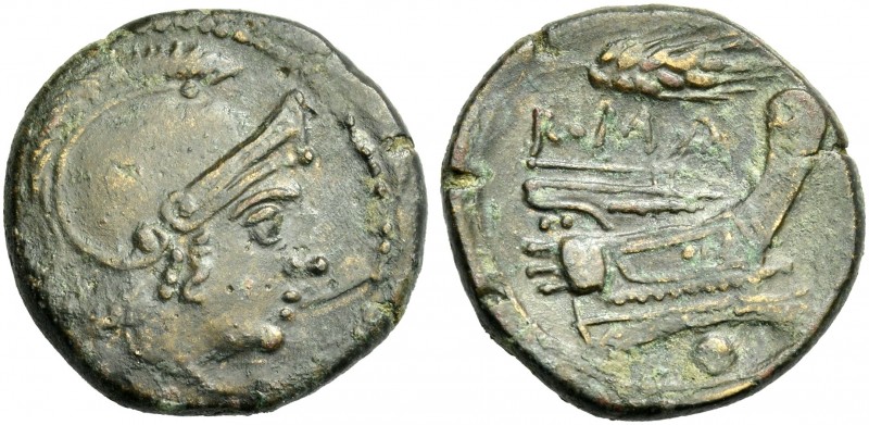 Uncia, Sicily circa 214-212, Æ 20 mm, 5.64 g. Head of Roma r., wearing Attic hel...