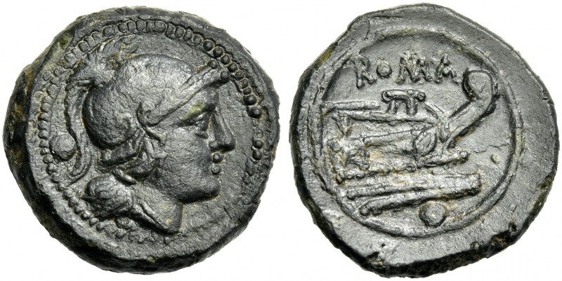 Uncia after 211, Æ 4.79 g. Head of Roma r., wearing Attic helmet; behind, pellet...