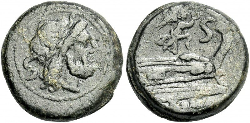 Semis, Central Italy circa 211-208, Æ 29 mm, 23.88 g. Laureate head of Saturn r....
