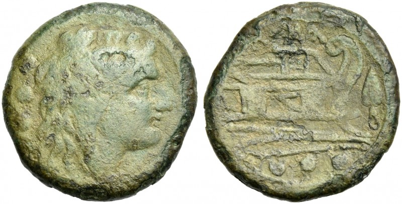 Quadrans, Sardinia 212-207 BC, Æ 20 mm, 5.28 g. Head of Hercules r., wearing lio...