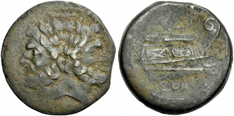As, Canusium (?) circa 206-195, Æ 30 mm, 16.83 g. Laureate head of Janus; above,...