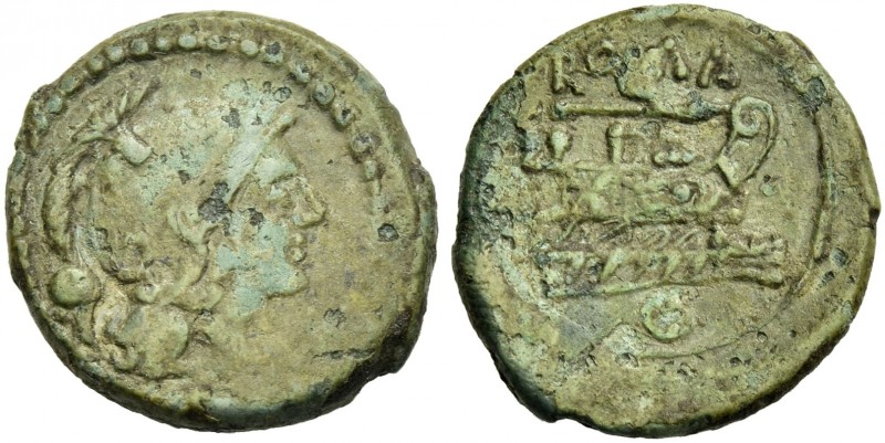 Uncia, Central Italy circa 208, Æ 18 mm, 3.59 g. Helmeted head of Roma r.; behin...