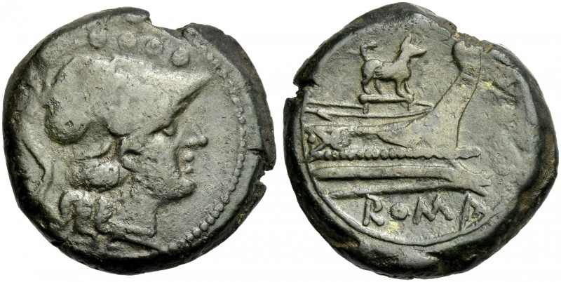 Triens circa 206-195, Æ 24 mm, 11.33 g. Helmeted head of Minerva r.; above, four...