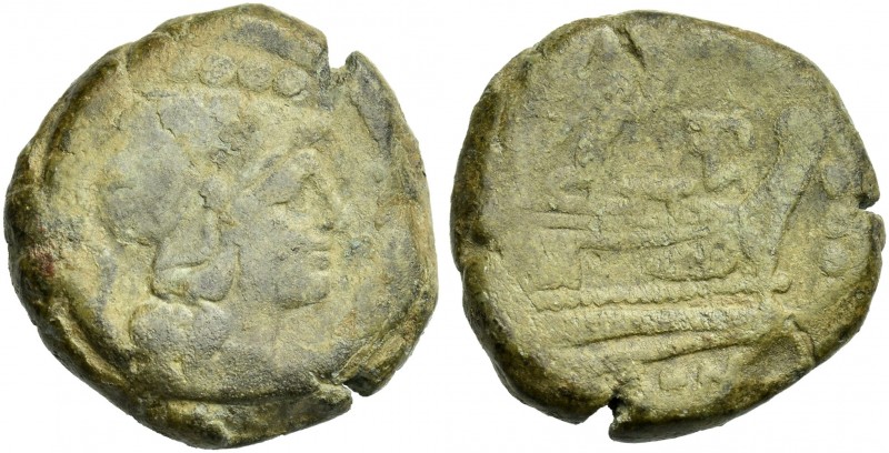 L. Furius Philus. Triens 189-180, Æ 22 mm, 12.37 g. Helmeted head of Minerva r.;...
