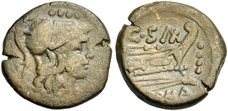 C. Sax. Triens circa 169-158, Æ 21 mm, 7.05 g. Helmeted head of Minerva r.; abov...