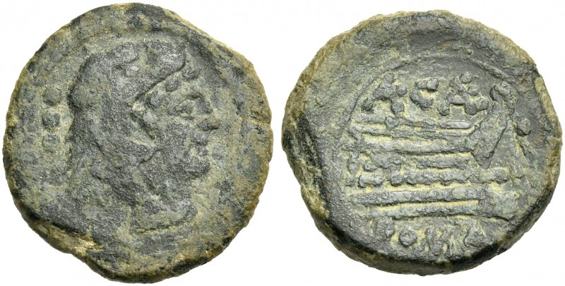 A. Caecilius. Quadrans circa 169-158, Æ 21 mm, 7.76 g. Head of Hercules r, weari...