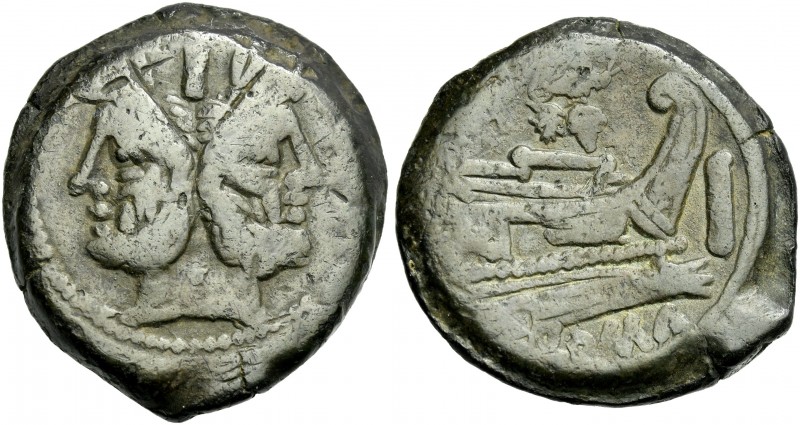 A. Caecilius. As circa 169-158, Æ 32 mm, 22.53 g. Laureate head of Janus; above,...