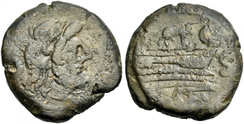 C. Papirius Turdus. Semis circa 169-158, Æ 25 mm, 12.13 g. Laureate head of Satu...