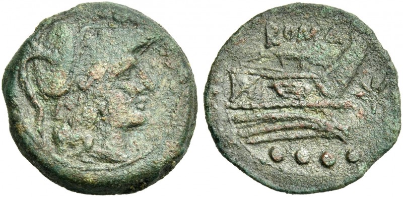 C. Papirius Turdus. Triens circa 206-195, Æ 20 mm, 4.97 g. Helmeted head of Mine...