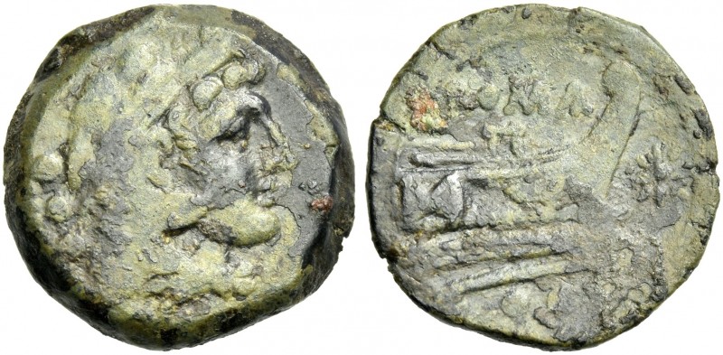 C. Papirius Turdus. Quadrans circa 206-195, Æ 20 mm, 5.29 g. Head of Hercules r....