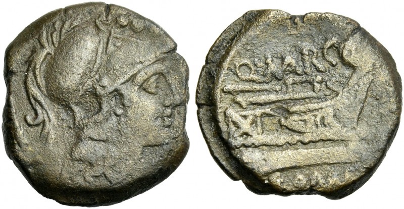 Q. Marcius Libo. Triens 148, Æ 21 mm, 6.23 g. Helmeted head of Minerva r.; above...