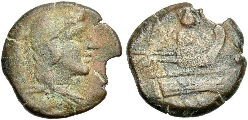 Sex. Pompeius. Quadrans 137, Æ 18 mm, 4.67 g. Head of Hercules r.; wearing lion’...