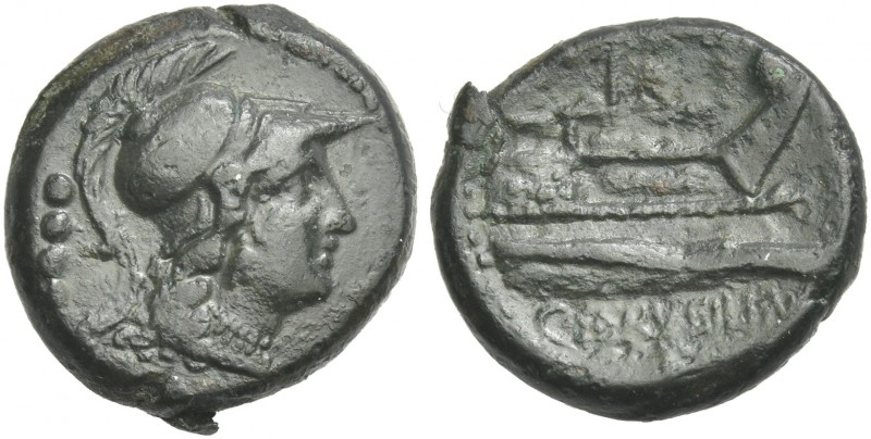 C. Servilius M. f. Triens 136, Æ 18 mm, 4.75 g. Helmeted head of Minerva r.; beh...