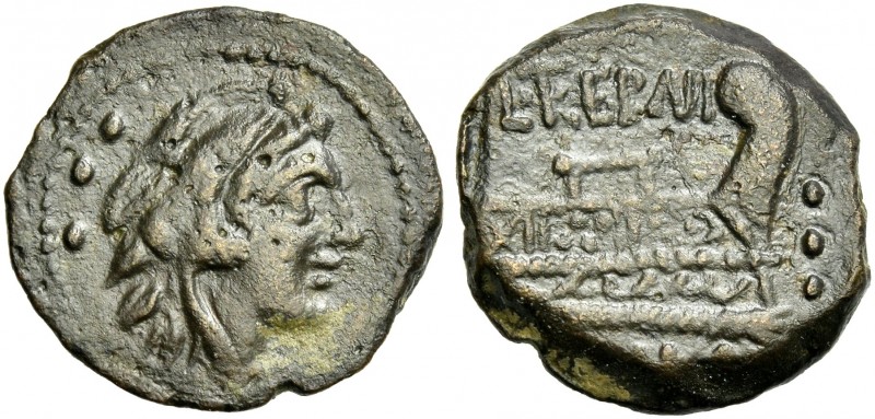 L. Trebanius. Quadrans 135, Æ 20 mm, 4.70 g. Head of Hercules r., wearing lion’s...