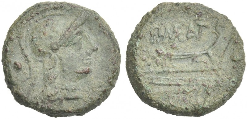 P. Maenius M.f. Antias or Antiaticus. Uncia 132, Æ 15 mm, 2.79 g. Helmeted head ...