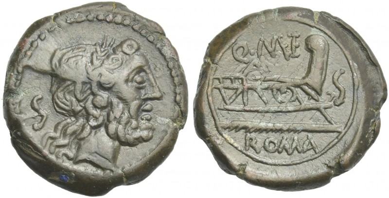 Q. Caecilius Metellus. Semis 130, Æ 22 mm, 11.04 g. Laureate head of Saturn r.; ...