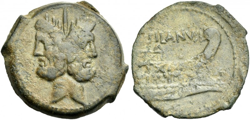 D. Iunius Silanus L.f. As 91, Æ 26 mm, 8.80 g. Laureate head of Janus; above, ma...