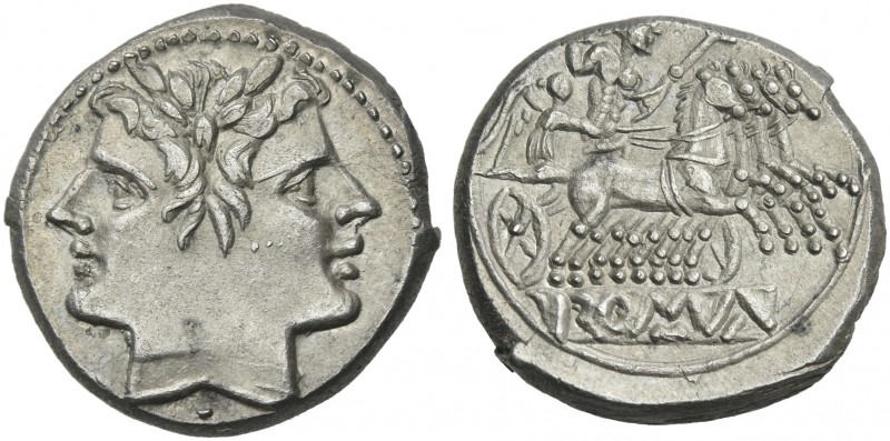 Quadrigatus circa 225-212, AR 20 mm, 6.43 g. Laureate Janiform head of Dioscuri;...