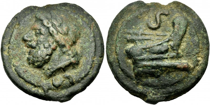 Semis circa 225-217, Æ 44 mm, 140.58 g. Laureate head of Saturn l.; below, mark ...