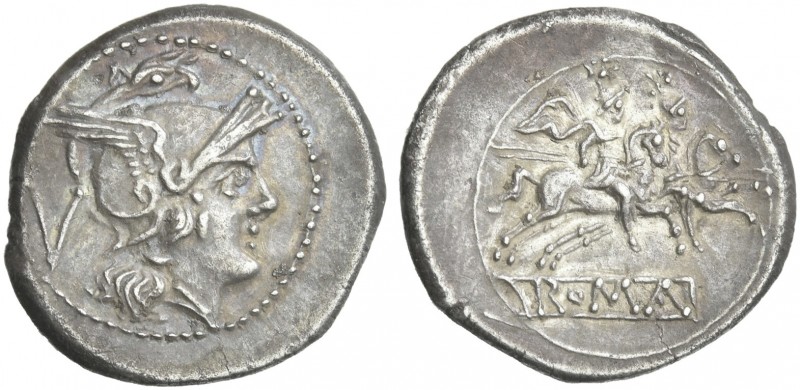 Quinarius circa 214-213, AR 17 mm, 2.08 g. Helmeted head of Roma r.; behind, V. ...