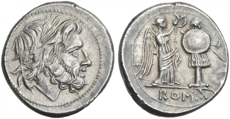 Victoriatus, Sicily circa 211-208, AR 17 mm, 3.17g. Laureate head of Jupiter r. ...