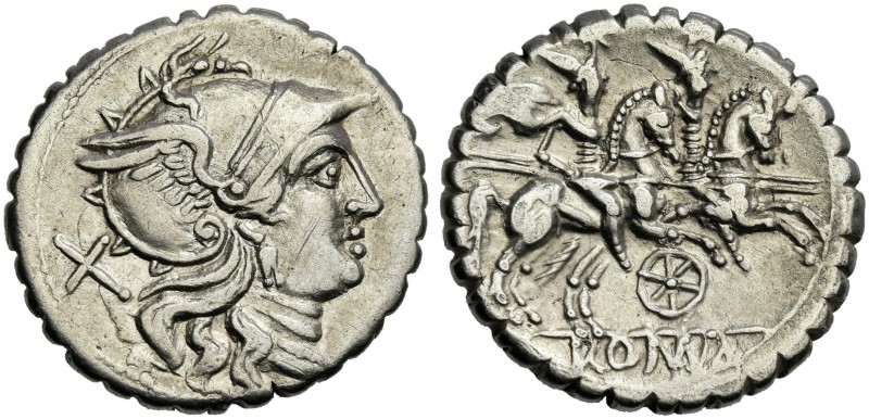 Denarius serratus, Sicily (?) circa 209-208, AR 20 mm, 4.06 g. Helmeted head of ...