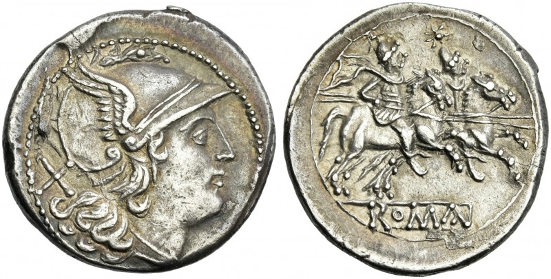 Denarius, Sicily (?) circa 209-208, AR 3.62 g. Helmeted head of Roma r.; behind,...