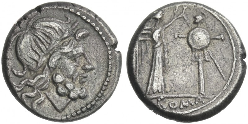 Victoriatus, uncertain mint circa 211-208, AR 16 mm, 3.23 g. Laureate head of Ju...