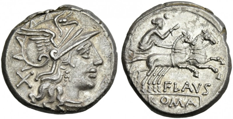 Decimius Flavus. Denarius 150, AR 19 mm, 3.74 g. Helmeted head of Roma r.; behin...