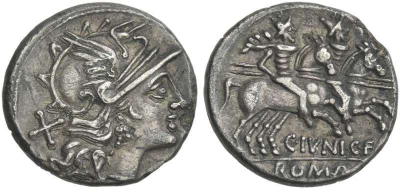 C. Iunius C. f. Plated denarius 149, AR 18 mm, 2.84 g. Helmeted head of Roma r.,...
