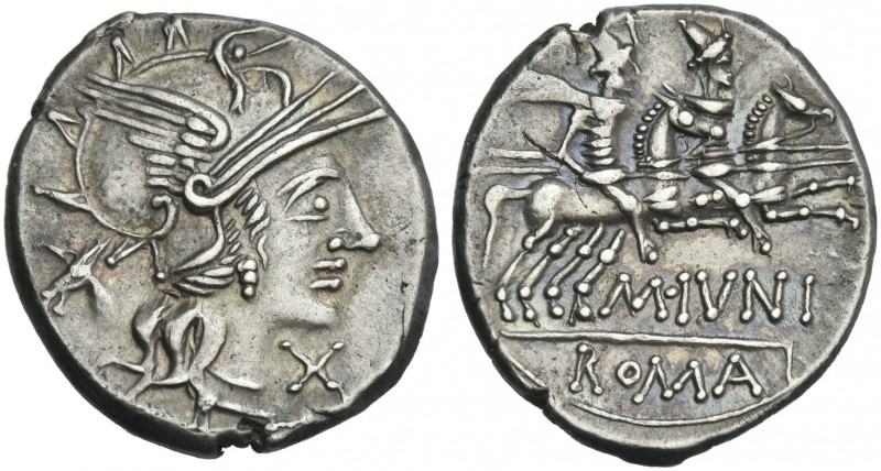 M. Iunius. Denarius 145, AR 19 mm, 3.63 g. Helmeted head of Roma r.; behind, ass...