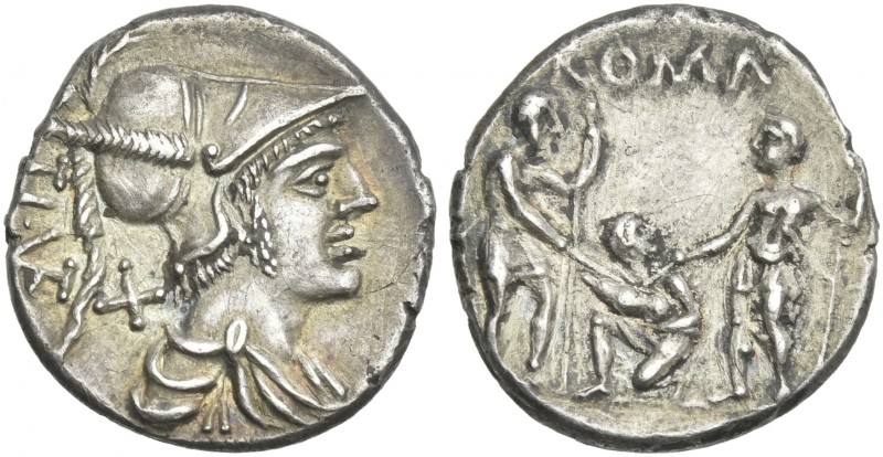 T. Veturius. Plated denarius 137, AR 20 mm, 3.94 g. TI ·VET ligate Helmeted and ...
