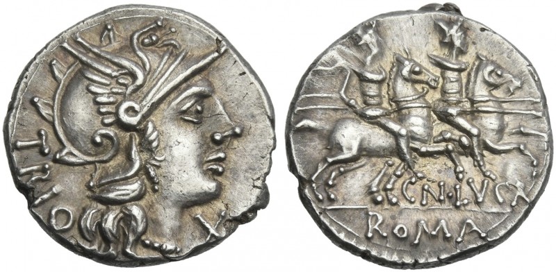Cn. Lucretius Trio. Denarius 136, AR 18 mm, 3.95 g. Helmeted head of Roma r.; be...