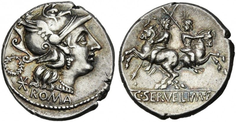 C. Serveilius M. f. Denarius 136, AR 19 mm, 4.02 g. Helmeted head of Roma r.; be...