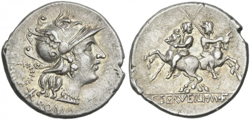 C. Serveilius M. f. Denarius 136, AR 21 mm, 3.95 g. Helmeted head of Roma r.; be...