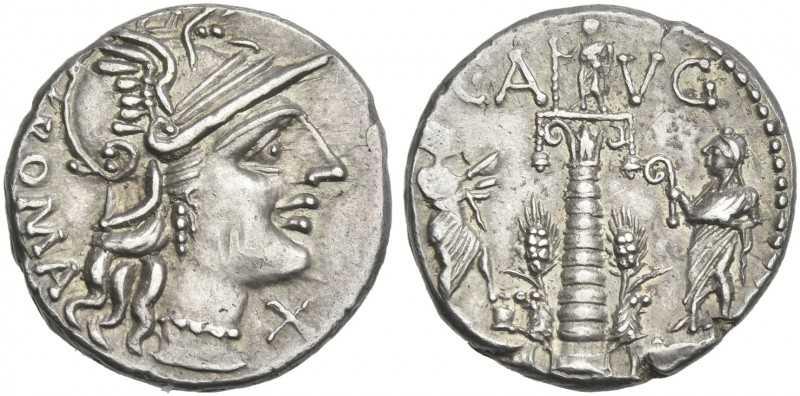 C. Minucius Augurinus. Denarius 135, AR 18 mm, 3.93 g. Helmeted head of Roma r.;...
