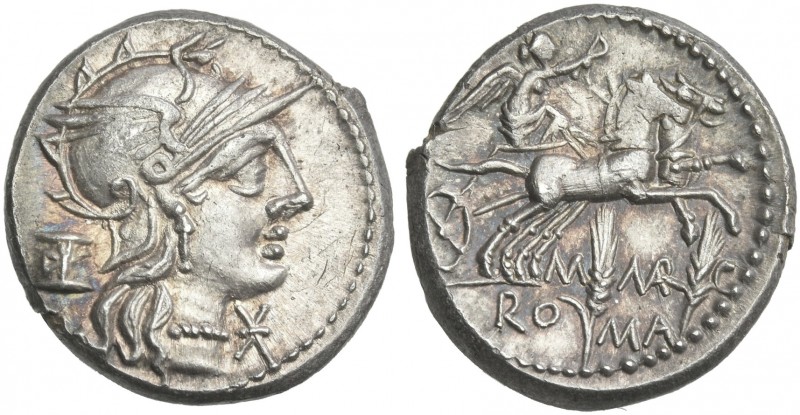 M. Marcius Mn. f. Denarius 134, AR 19 mm, 3.95 g. Helmeted head of Roma r.; behi...