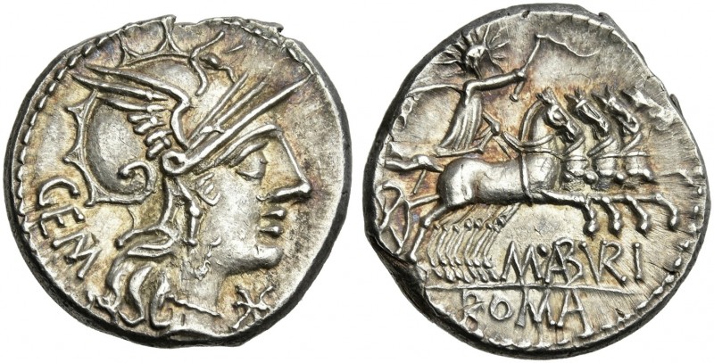 M. Aburius M. f. Gem. Denarius 132, AR 19 mm, 3.91 g. Helmeted head of Roma r.; ...