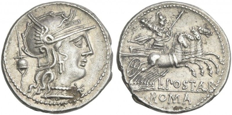 L. Postumius Albinus. Denarius 131, AR 20 mm, 3.95 g, 1h. Helmeted head of Roma ...