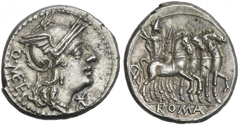 Q. Caecilius Metellus. Denarius 130, AR 19 mm, 3.92 g. Helmeted head of Roma r.;...