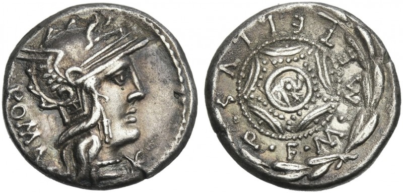 M. Metellus Q. f. Denarius 127, AR 18 mm, 3.82 g. Helmeted head of Roma r.; behi...