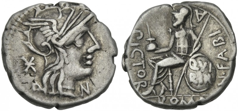 N. Fabius Pictor. Denarius 126, AR 18 mm, 3.84 g, 12h. Helmeted head of Roma r.;...