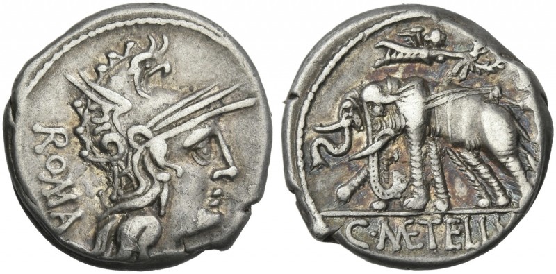 C. Caecilius Metellus Caprarius. Denarius 125, AR 18 mm, 3.87 g. Head of Roma r....
