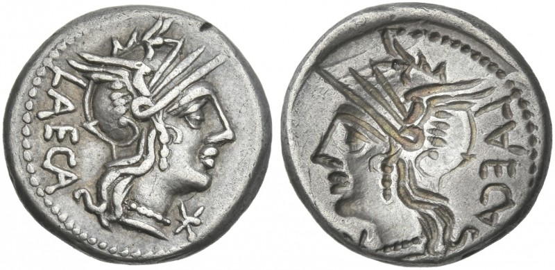 M. Porcius Laeca. Brockage denarius 125, AR 18 mm, 3.86 g. LAECA Helmeted head o...